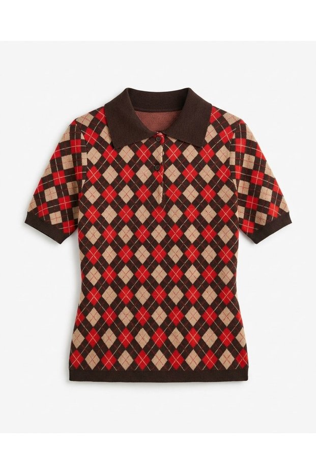 Coffee red baklava patterned short sleeve blouse