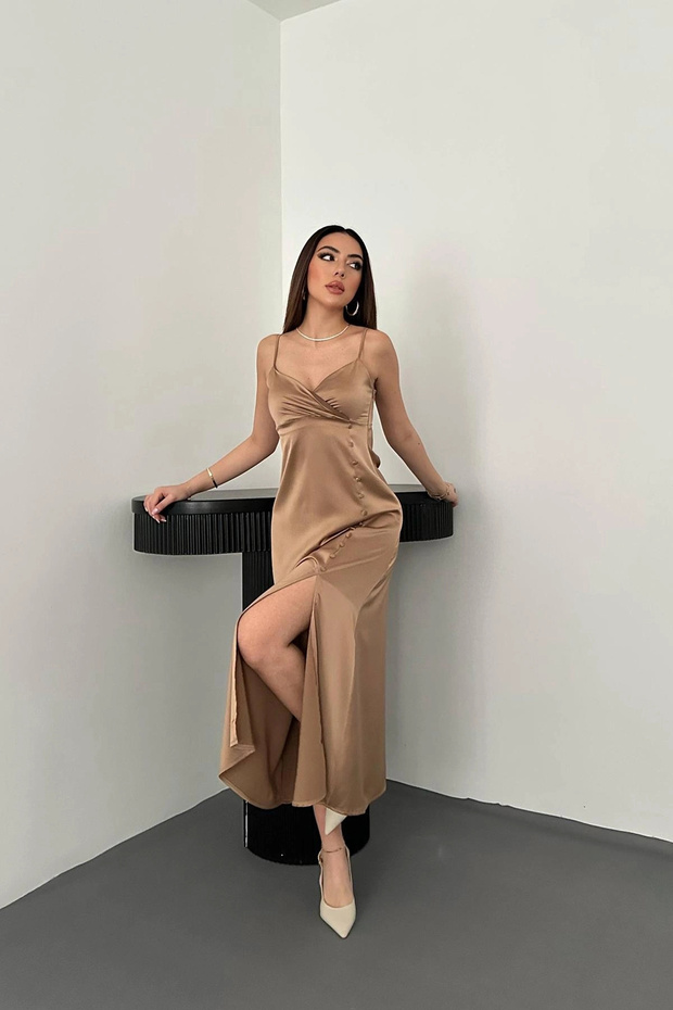 Women's Taupe Color Strapless Drapey Satin Dress