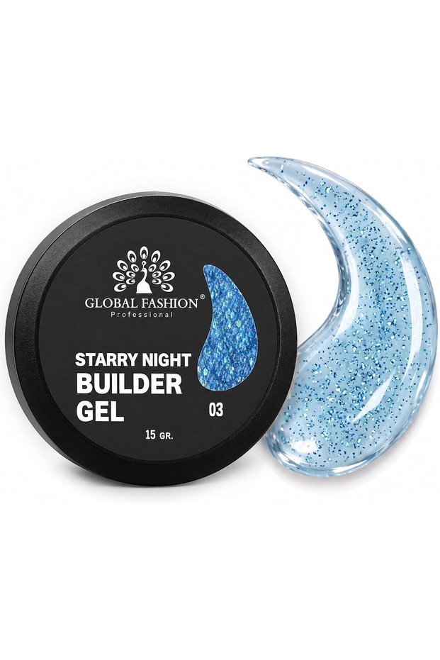 Global Fashion Starry Night Builder Gel for Nails 15g, Holographic Glitter Nail Extension Gel with Sparkling Flakes, Self Levelling UV LED Builder Gel for Nail Art, Overlays & Strengthening, 03