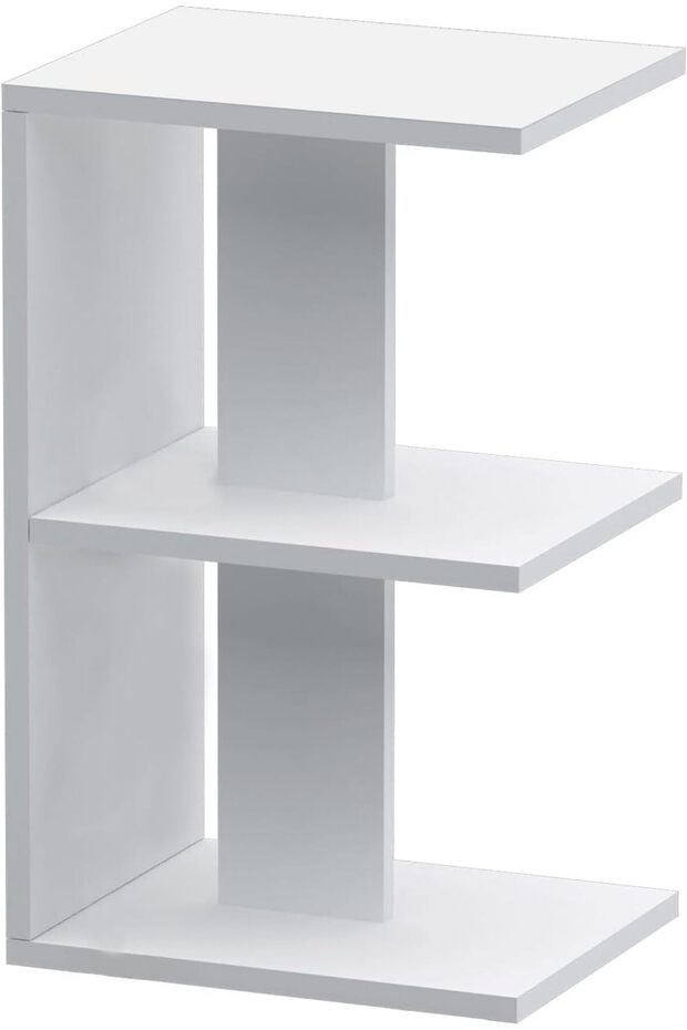 Modern home Modern E-Shape Night Stand Table, with 3 Open Storage Shelf For Living Room, Bedroom - White