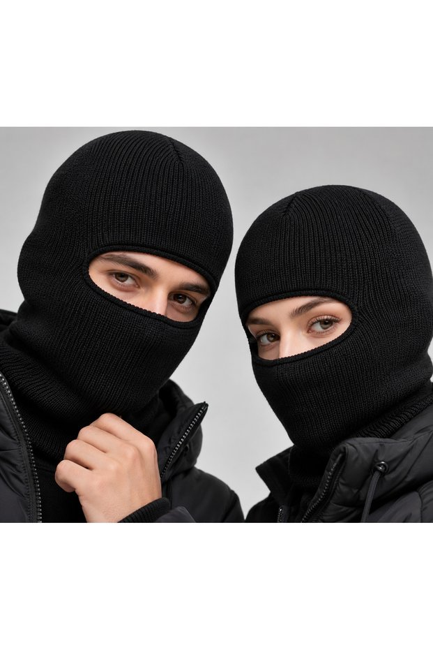 2 A++-Quality Black Knit Snow Hats, Snow Masks—100% Acrylic, Double-Layer Winter Beanies