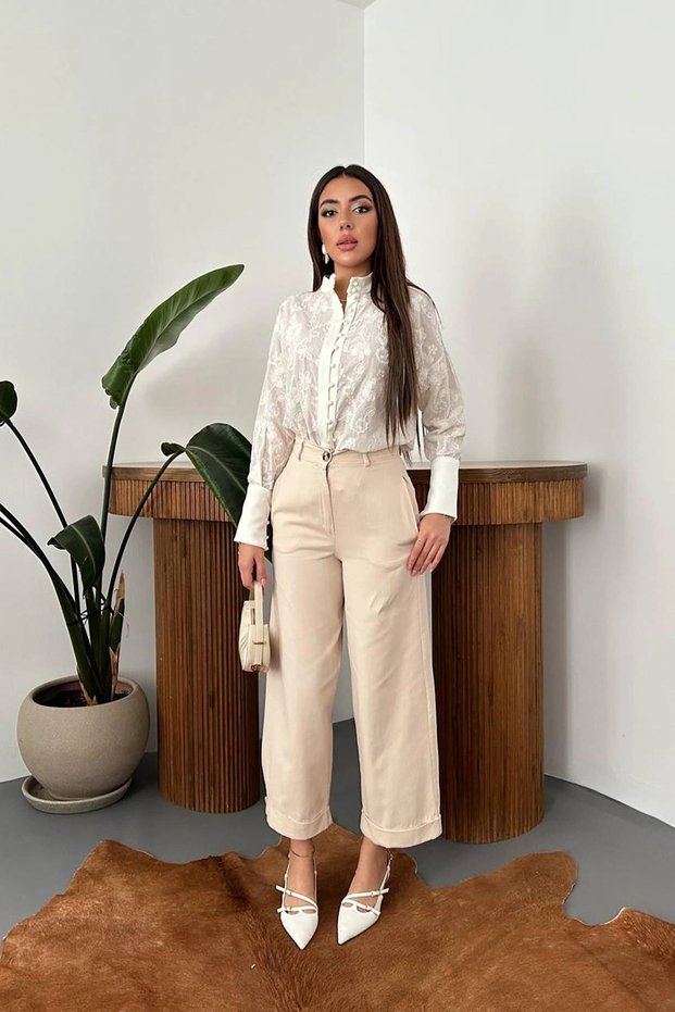 Women's Beige Cotton Gabardine Pants