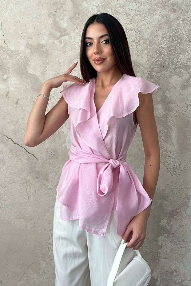 Women's Pink Lyocell Blouse with a Tie-Detail at the Waist