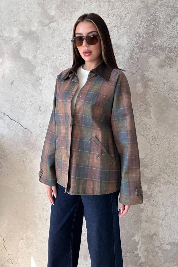 Women's Cotton Blend Jacket with Burgundy Lining, Paneled Collar, and Plaid Pattern