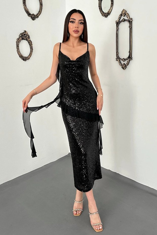 Women's Black Sequin-Embellished Ruffled Lined Chiffon Evening Gown