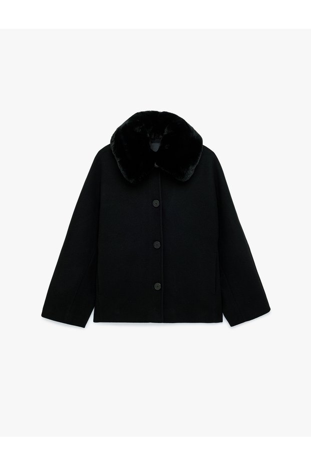Long-Sleeved, Pocketed Cashmere Melton Coat with Removable Faux Fur Collar