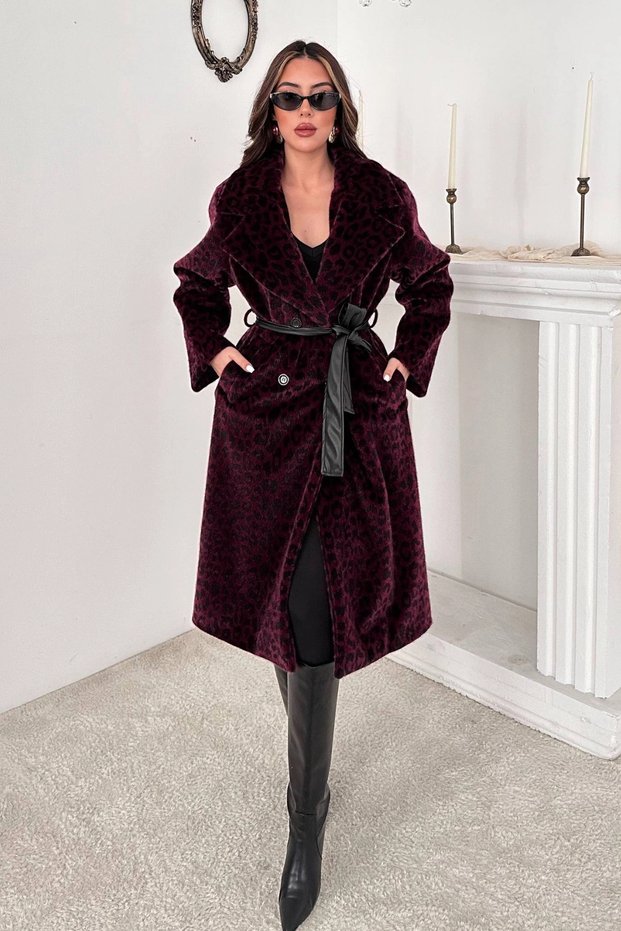 Women's Burgundy Leather Belted Coat with Paneling
