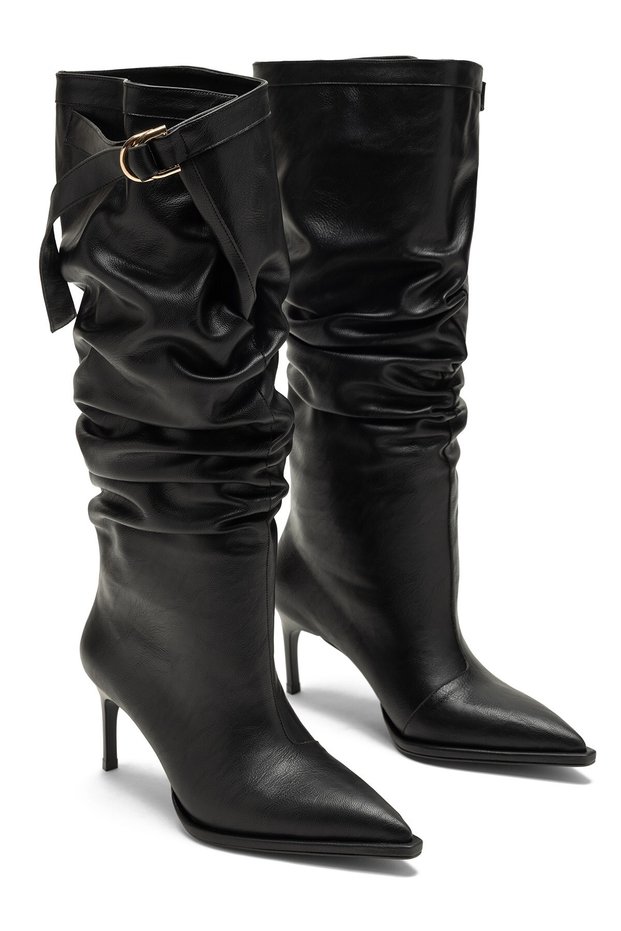 Women's Black Bell-Bottomed Pointed Toe Stiletto Heel Boots with Buckle Detail and Ruched Cuffs