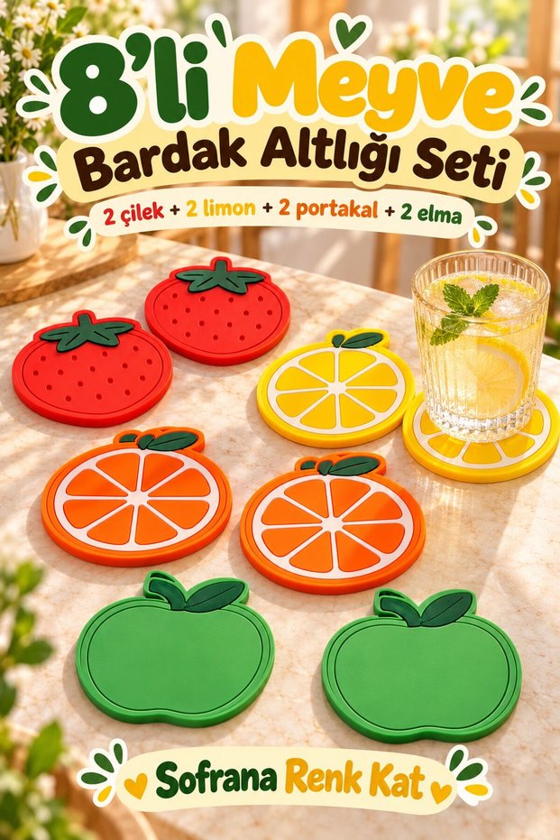Set of 8 Fruit-Patterned Coasters: Strawberry, Lemon, Orange, Apple, and Coffee Cup Coasters—Table Accessories