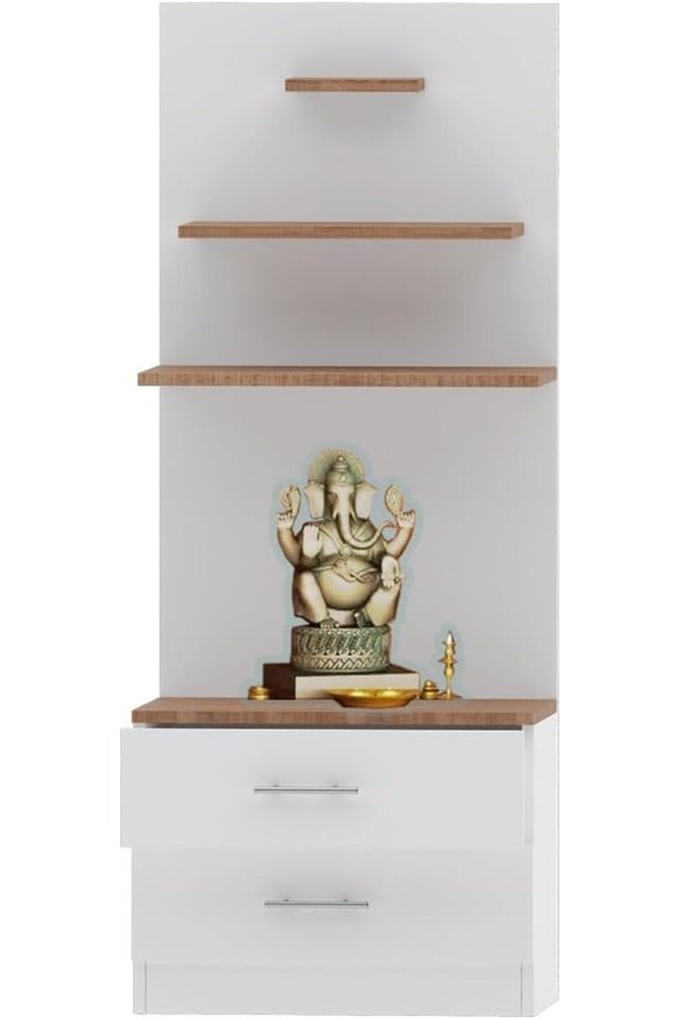 Modern home Wooden Mandir, Temple with 2 Drawers for Storage Pooja Essentials and 3 Shelves for God Statue Sturdy Steel Legs Ideal for Home, Office, Temple - Brown Arizona Oak