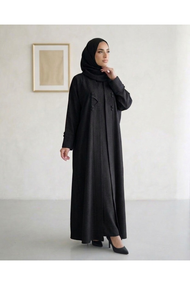 Black Fashion Modest 3 Pieces Abaya Textured Fabric With Inner And Hijab