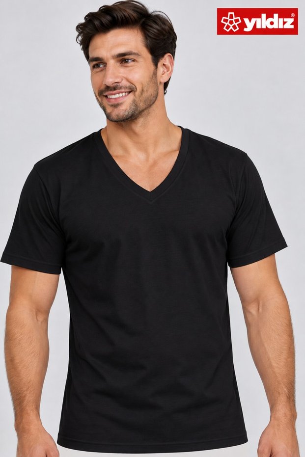 YILDIZ 100% Cotton Single Jersey V-Neck Short-Sleeve Men's T-Shirts (Set of 3)