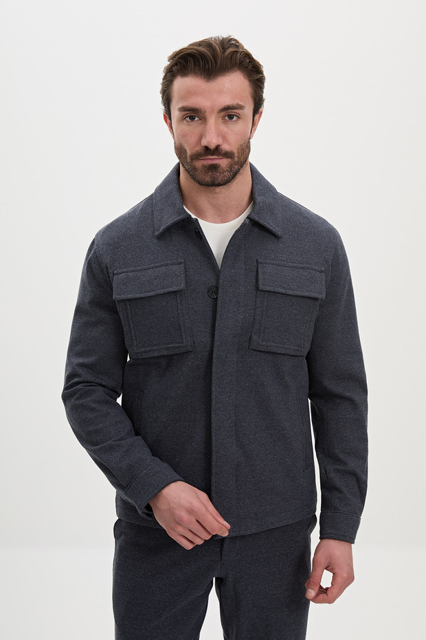 Straight Slim Fit Shirt Collar Jacket with Hidden Buttons and Jogger Pants Suit, Navy Blue - 17172.26K