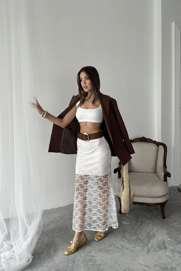 Women's White Lace Detailed Lined Skirt