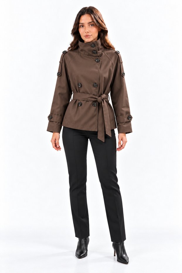Women's Brown Short Mock Neck Trench Coat with Epaulets, Buttons, Lining, and Belted Design