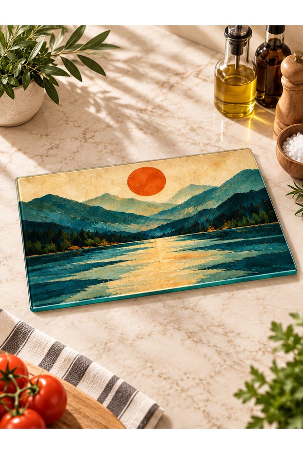 Sunset Mountain and Checkered Lake Patterned Tempered Glass Cutting Board, 35x25 cm, 6 mm