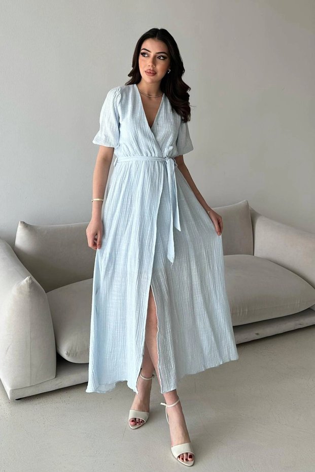 Girls' Baby Blue Wrap Neckline Cotton Muslin Dress