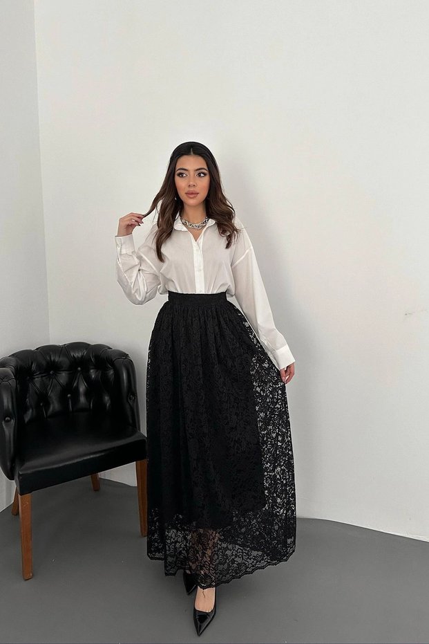 Women's Black Long Skirt with Lined Trim and Lace