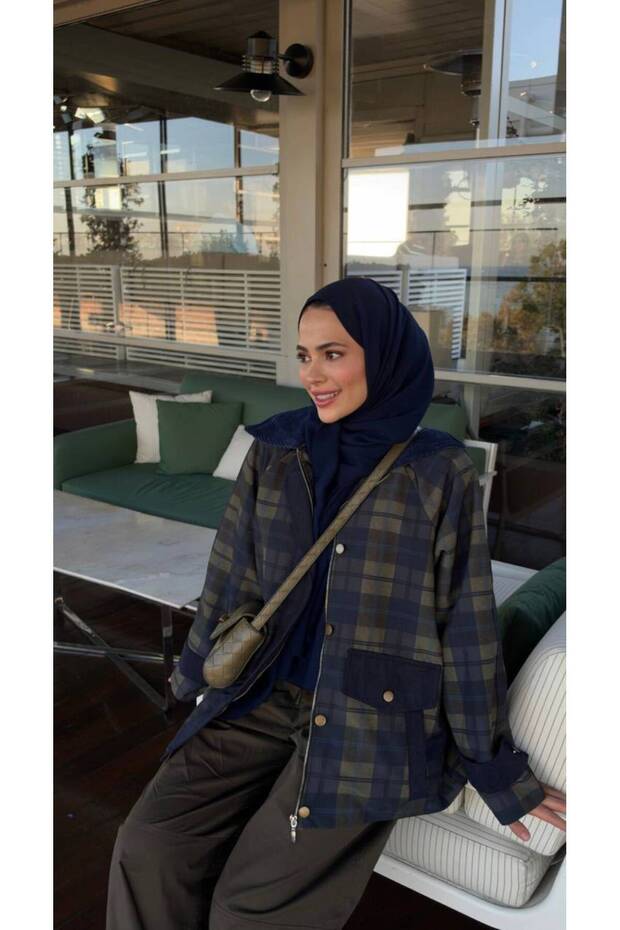 Women's Navy Blue Checked Velvet-Collar Designer Jacket with Pockets