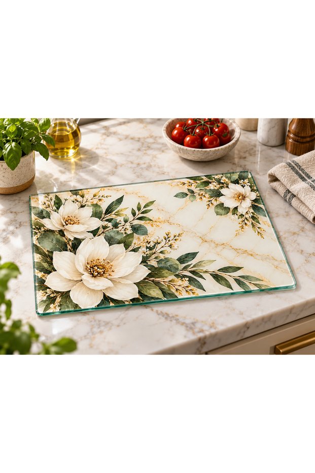 White Floral Print Tempered Glass Cutting Board, 35x25 cm, 4 mm