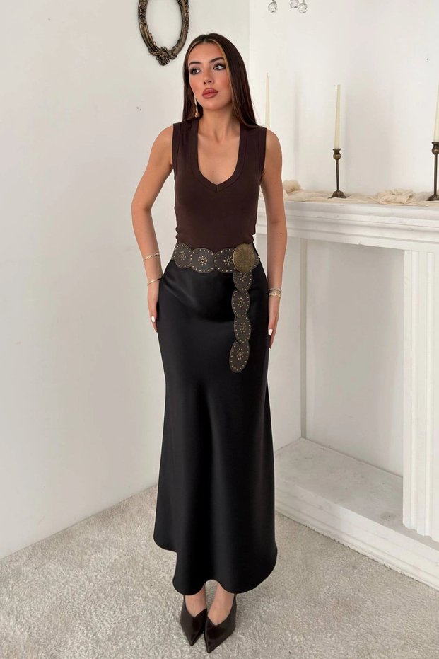 Women's Black Drapey Satin Skirt