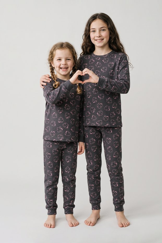 Anthracite Girls' Long-Sleeved Pajama Set with Pink Pattern
