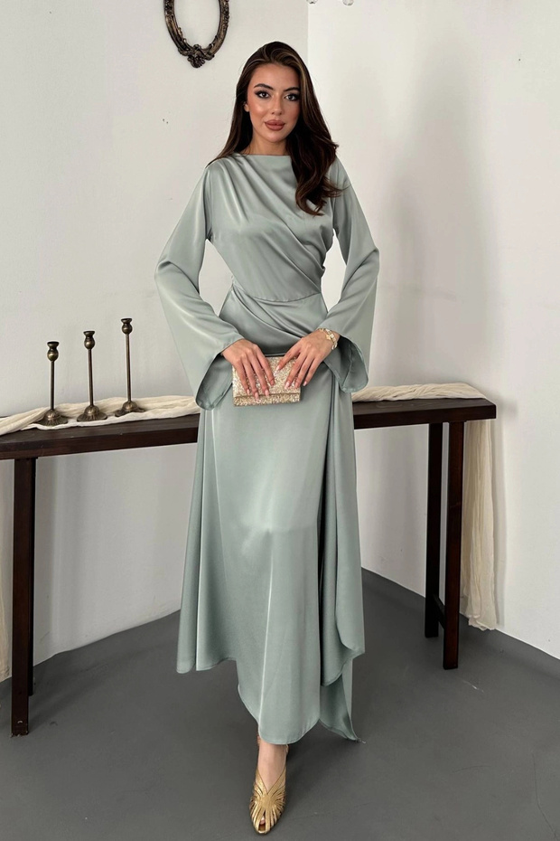 Women's Mint Green Drapey Satin Dress with Side-Tie Detail