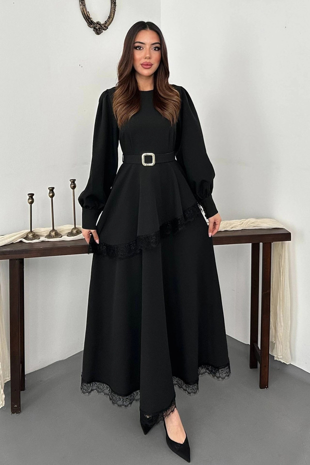 Women's Black Asymmetrical-Cut Lace-Trimmed Stretch Fabric Dress