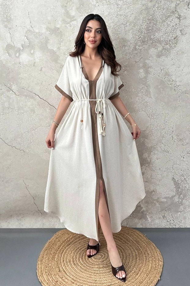 Women's Beige Paneled Viscose-Linen Blend Dress