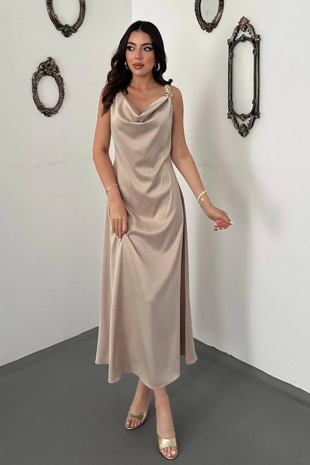 Women's Beige Cowl Neckline Drapey Satin Dress with Buckled Details