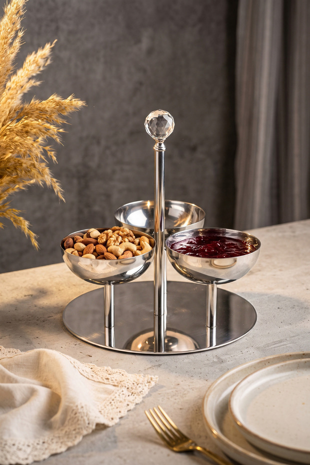 Diamond 3-Tier Stand with Base—Stainless Steel Cookie Jar, Chocolate Dish, Sauce Dispenser, and Serving Stand for Jams