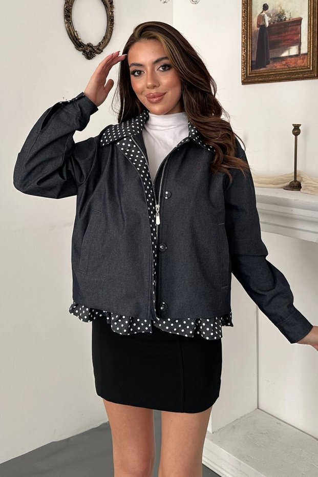 Women's Navy Blue Ruffled, Lined, Polka Dot Cotton Jacket