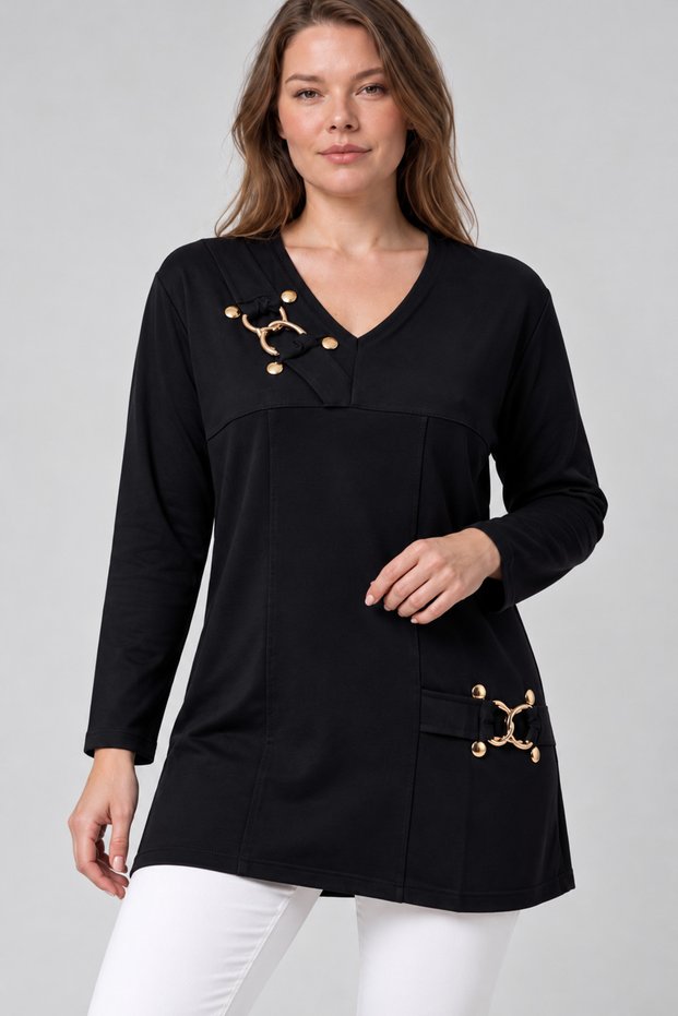 Women's Black Modal Tunic with Buckle Detail
