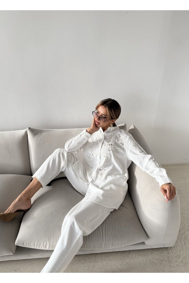 Women's Shirt with Bead Embroidery on Front, Standard Pants Size Suit
