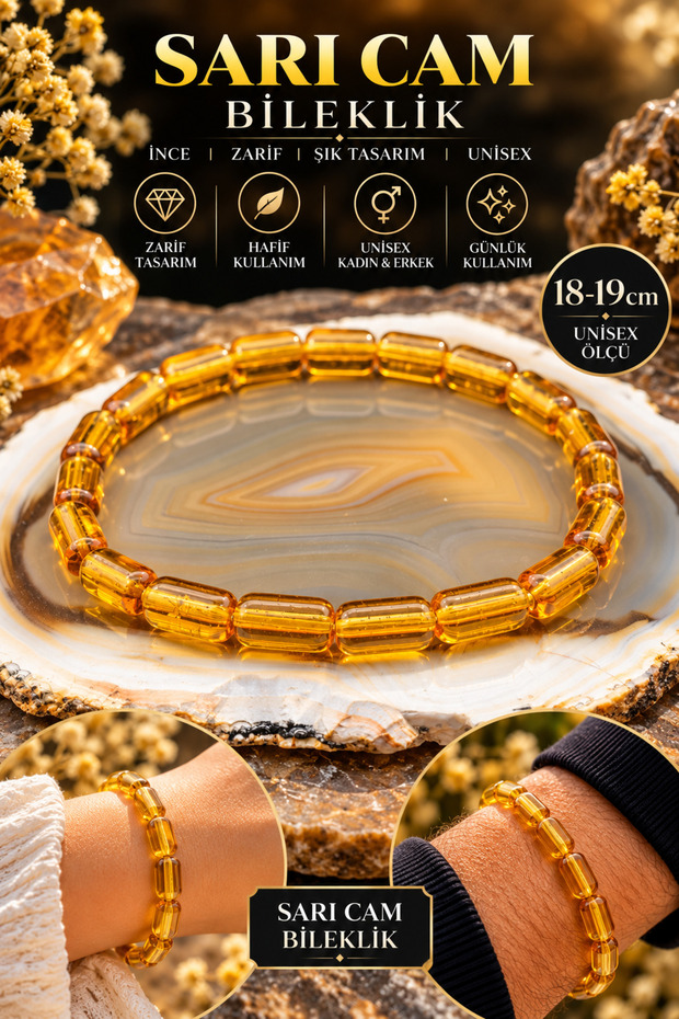 Yellow Glass Beaded Bracelet, 18–19 cm, Unisex for Women and Men, Delicate, Elegant, Stylish Design Bracelet