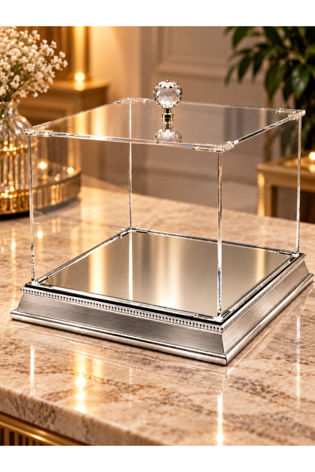 Small Clear Plexiglass Wedding Trousseau Box, 24x24x24 cm, Silver Color—Engagement, Wedding, Bride and Groom Gift Box, Includes a Prayer Counter and Prayer Beads
