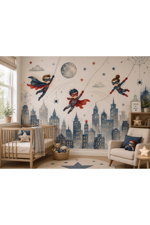 Superhero and City-Themed Kids' Room Wall Sticker Set – Moon and Star Design
