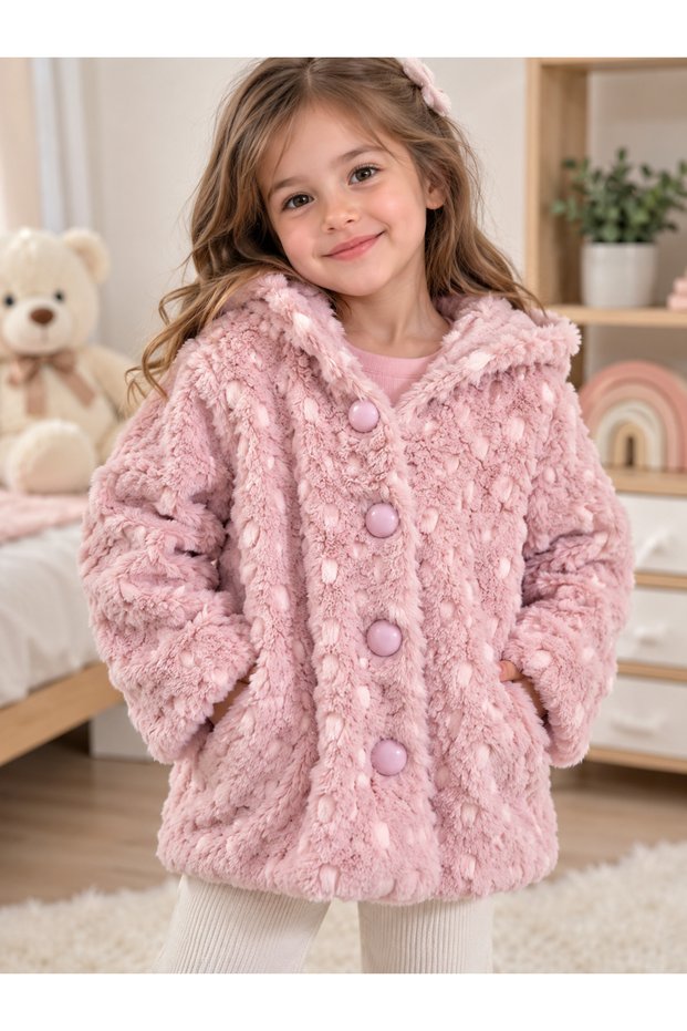 Girls' Powder-Colored, Soft-Lined, Hooded, Buttoned Plush Cardigan Jacket