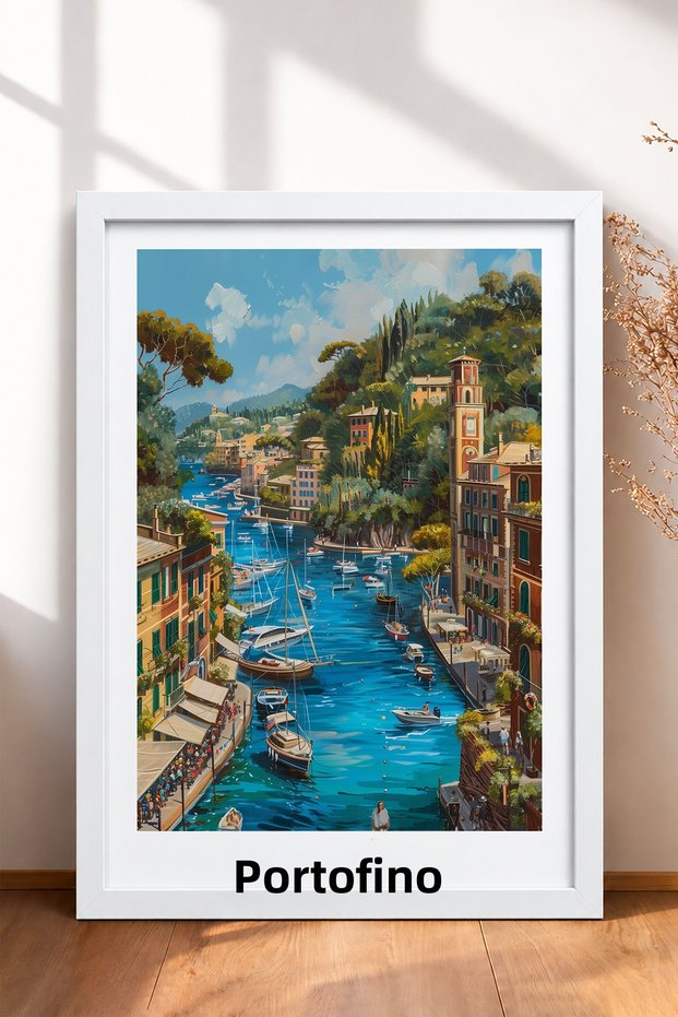 Portofino Sailboats on the Sea Framed Painting Italy Poster Living Room Kitchen Wall Decor Itp035