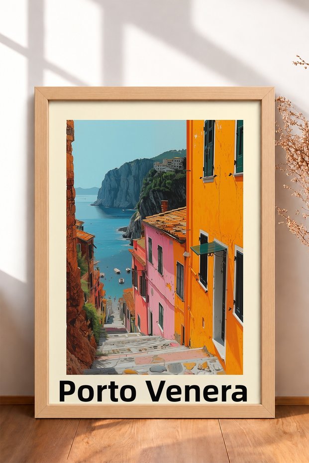 Porto Venere Street with Stairway Descending to the Sea Framed Painting Italy Poster Wall Decor Itp039