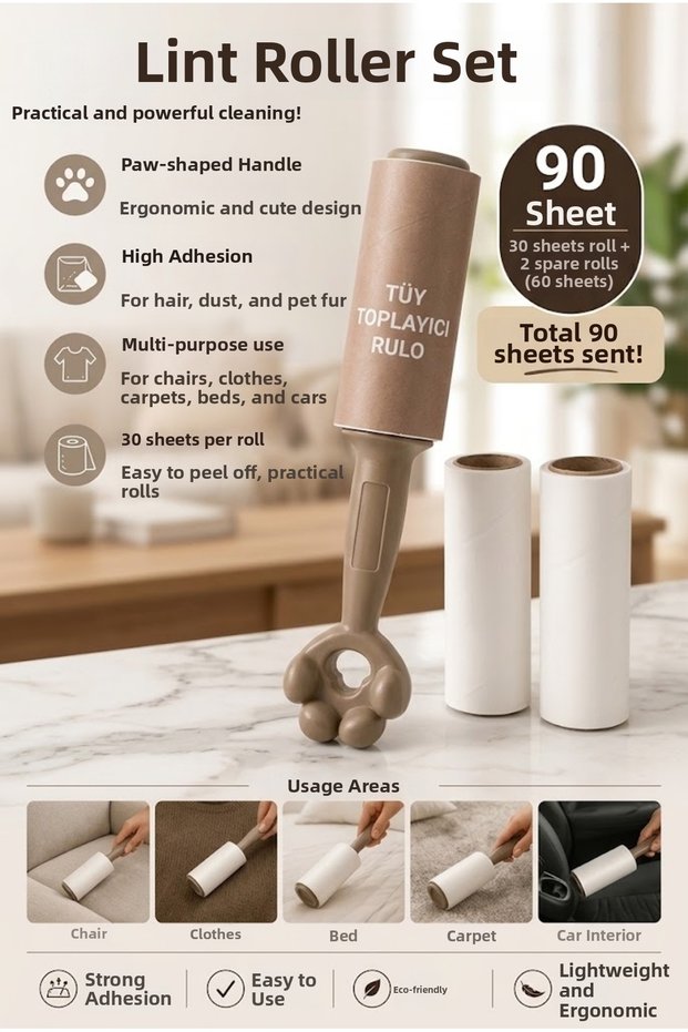 90 Sheets Lint Roller Pet, Cat, Dog, Clothing and Sofa Hair Remover