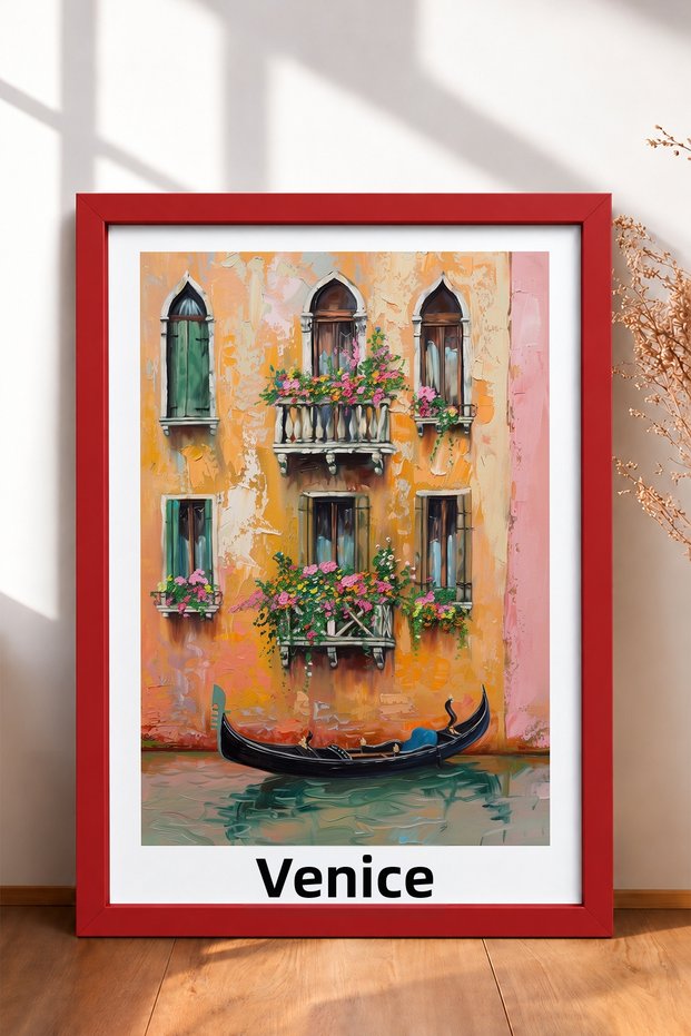 Venice Floral Balcony and Gondola Framed Painting Italy Poster Living Room Kitchen Wall Decor Itp041