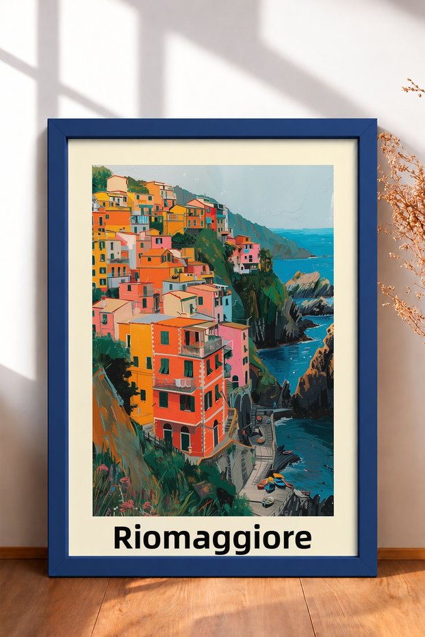 Riomaggiore Navy Blue Coast and Beach Houses Framed Painting Italy Poster Wall Decor Itp025