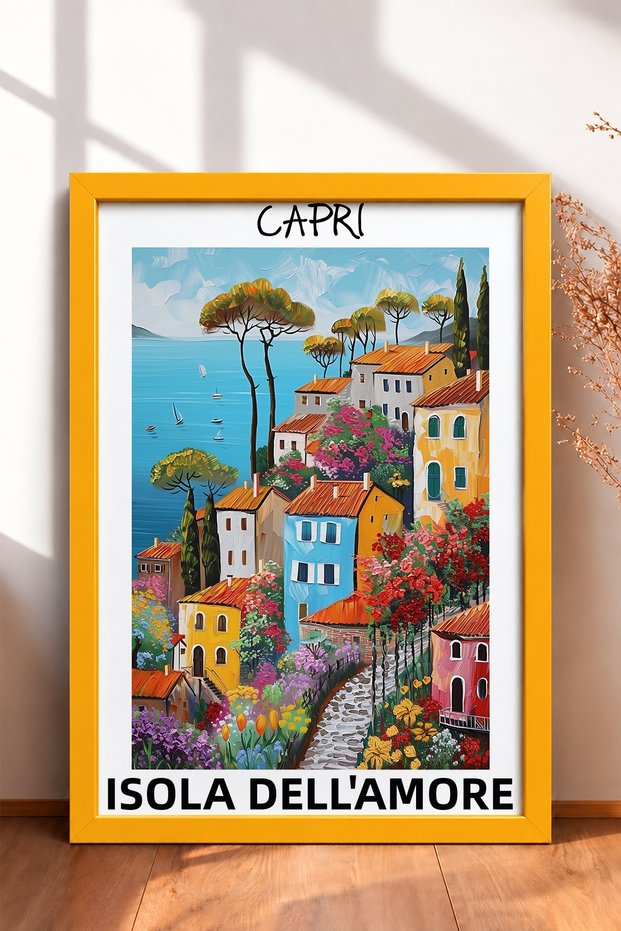 Capri Floral Hillside and Colorful Houses Framed Painting Italy Poster Living Room Kitchen Wall Decor Itp023