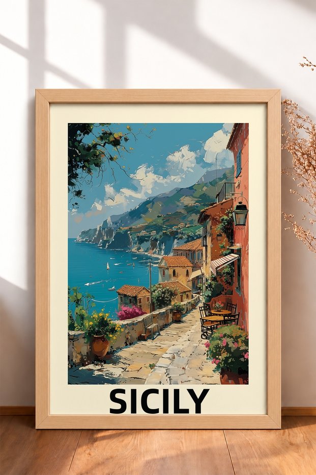 Stone Pathway Framed Painting on Sicilian Coast Italy Poster Living Room Kitchen Wall Decor Itp011