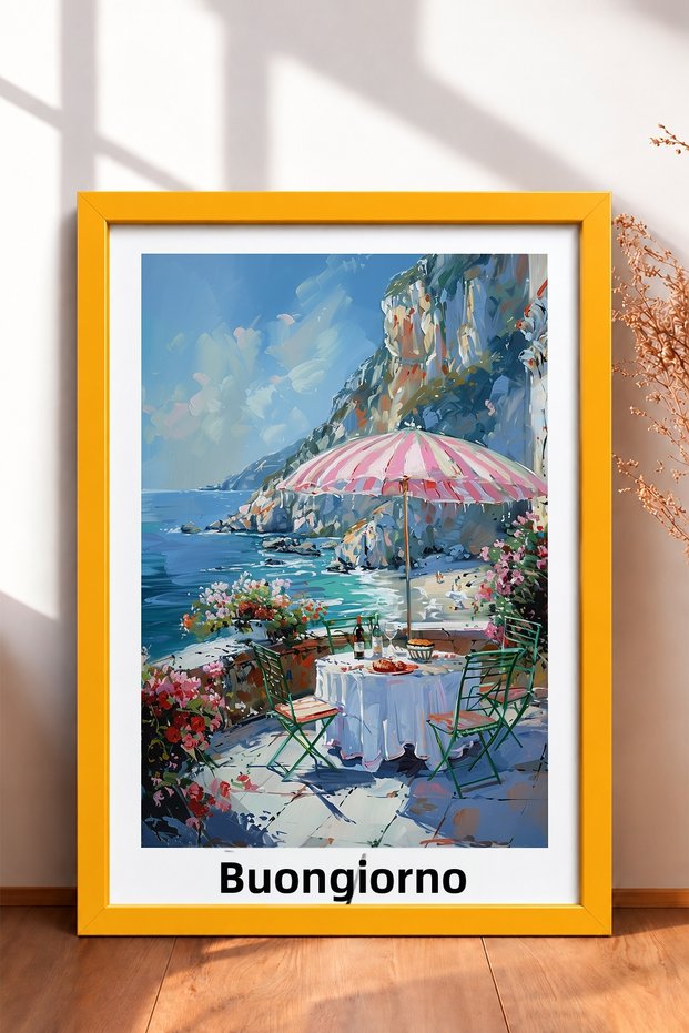 Buongiorno Written Umbrellaed Sea Terrace Framed Painting Italy Poster Wall Decor Itp027
