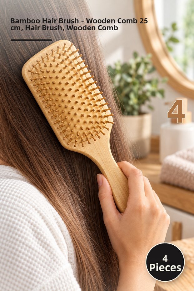 4 Pieces Bamboo Hair Brush Comb – Wooden Comb 25 Cm, Hair Brush, Hair Brush, Wooden Comb