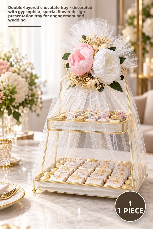 1 Piece Double Layer Chocolate Proposal Tray – Special Floral Design Presentation Tray with Peony Decoration for Engagement Wedding Bridal Proposal Chocolate Tray