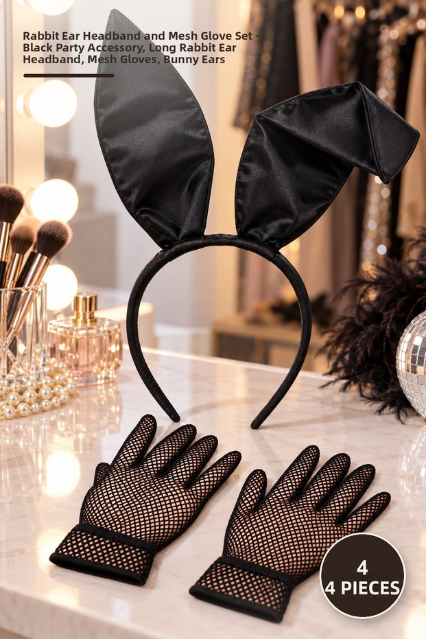 4 Piece Rabbit Ear Crown and Mesh Gloves Set – Black Party Accessory, Long Rabbit Ear Crown, Mesh Gloves with Fingers, Bunny Ears
