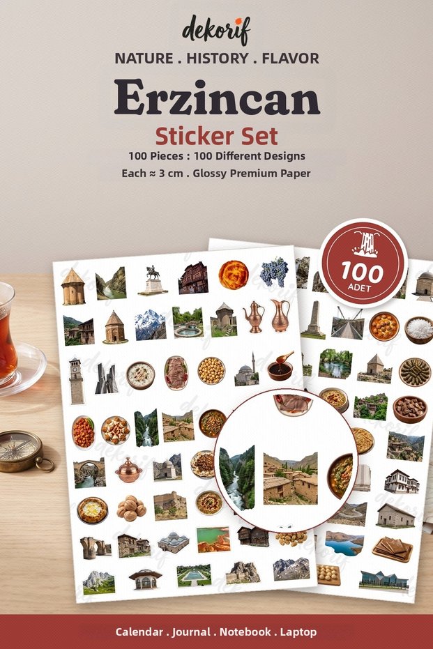 Erzincan Sticker Set 100 Pieces - Canyon Waterfall Tulum Cheese Realistic Agenda Journal Notebook Sticker